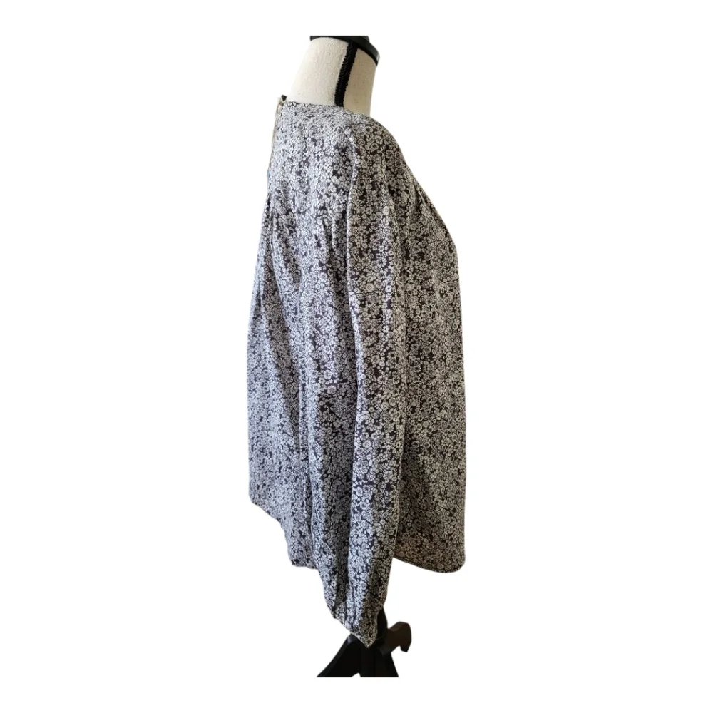 💕Black Floral Half Button Down‎ Long-Sleeve Blouse New Size M